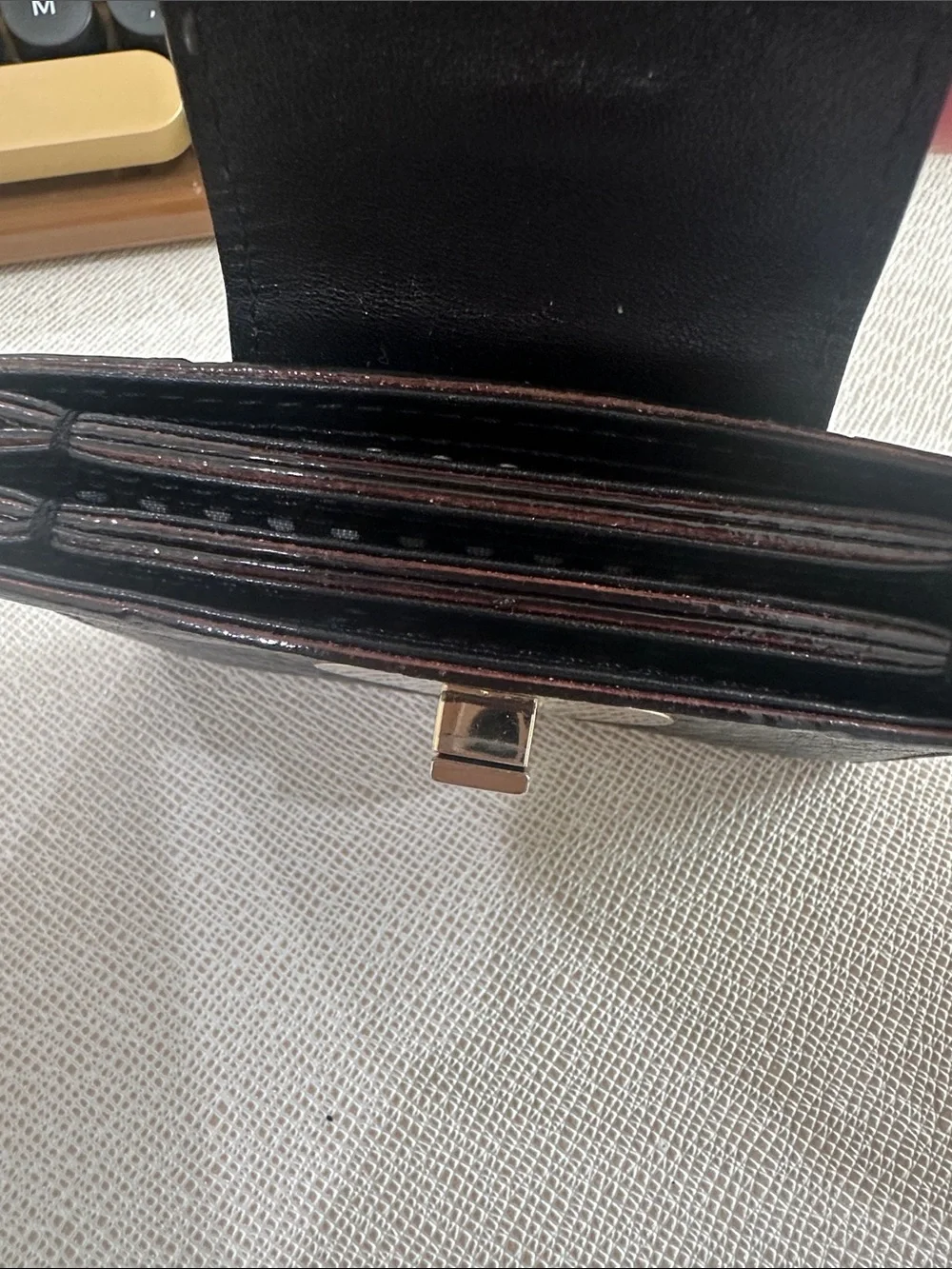 kate spade Black Leather Card & Key Holder with Gold Turnlock Medallion